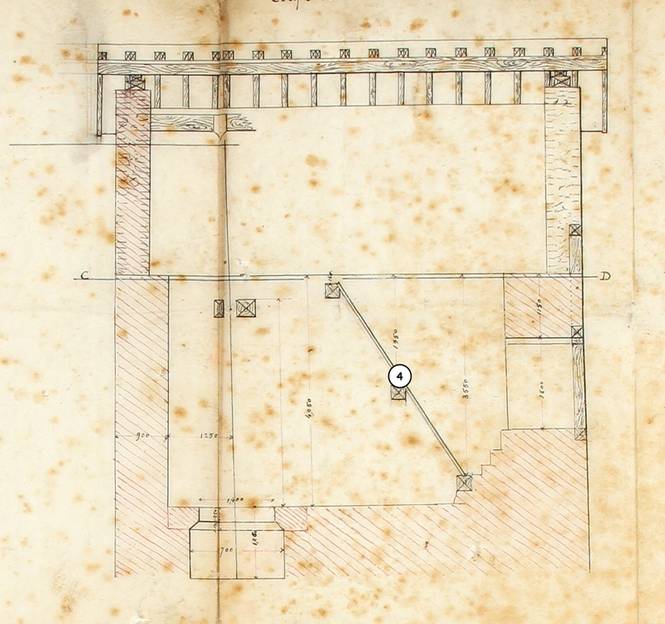 Coupe longitudinale de la chambre d'eau, extrait de plan ; 1885 (c) Fonds Combescot, série 20J, AD24