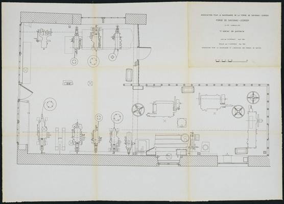Cliquer pour agrandir : Plan au sol de l'atelier de pointerie ; 1984 (c) B. Rignault & R. Ashkeshi ; Fonds ASFSL, série 114J, AD24