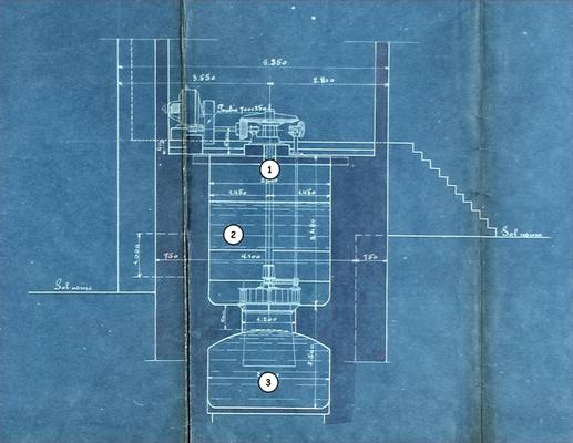 Cliquer pour agrandir : Turbine "Francis", coupe transversale ; extrait du plan d'installation ; 1921 (c) Fonds Combescot, série 20J, AD24